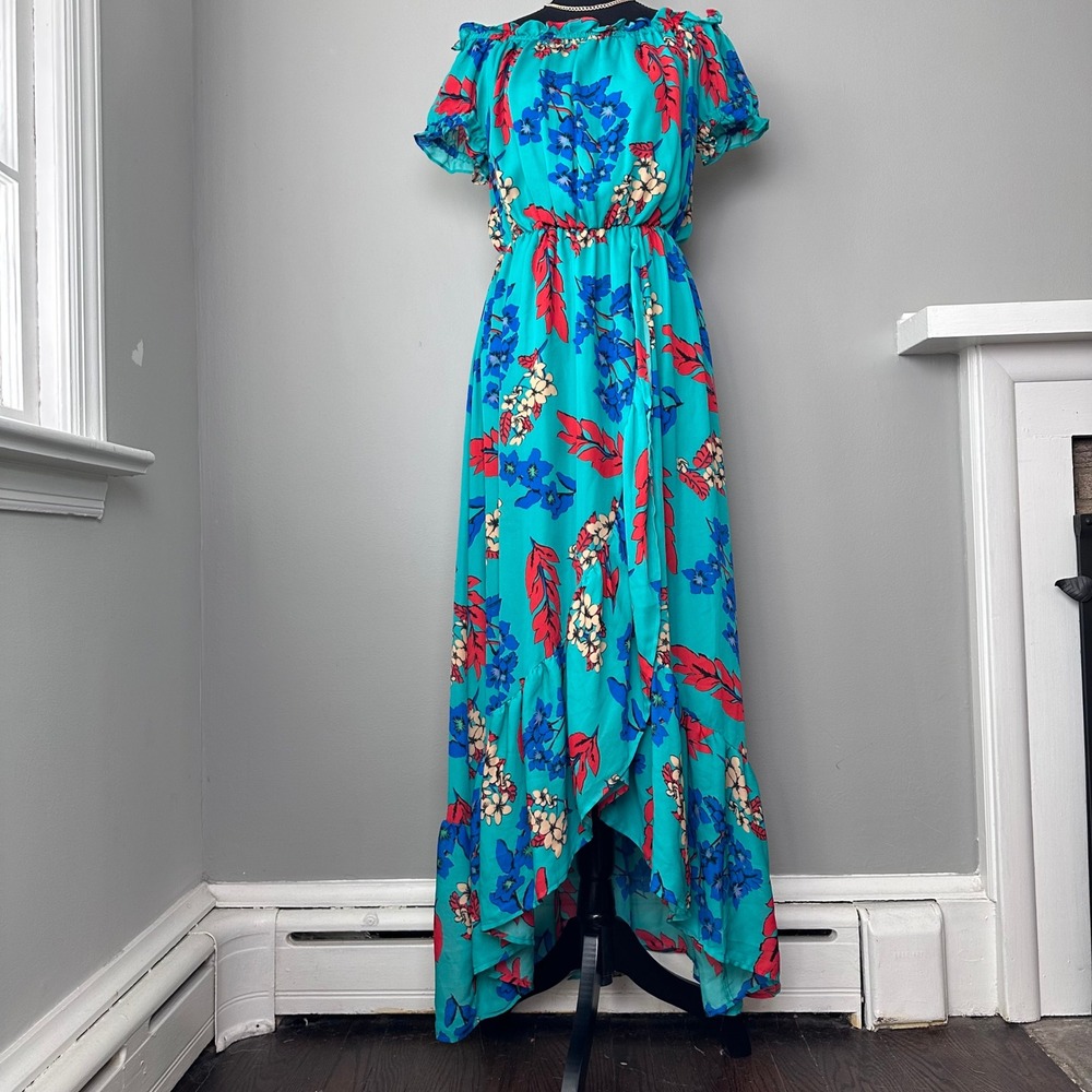 Belle Vere Maxi Dress Small Green Floral Print Off Shoulder Ruffle‎ Trim Cottage - Picture 16 of 16